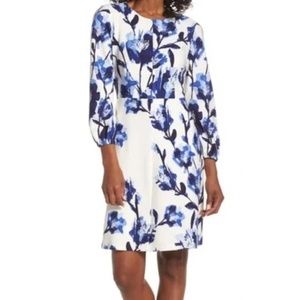 Eliza J Blue and White Floral Scuba Crepe Fit & Flare Dress NWT - 0P